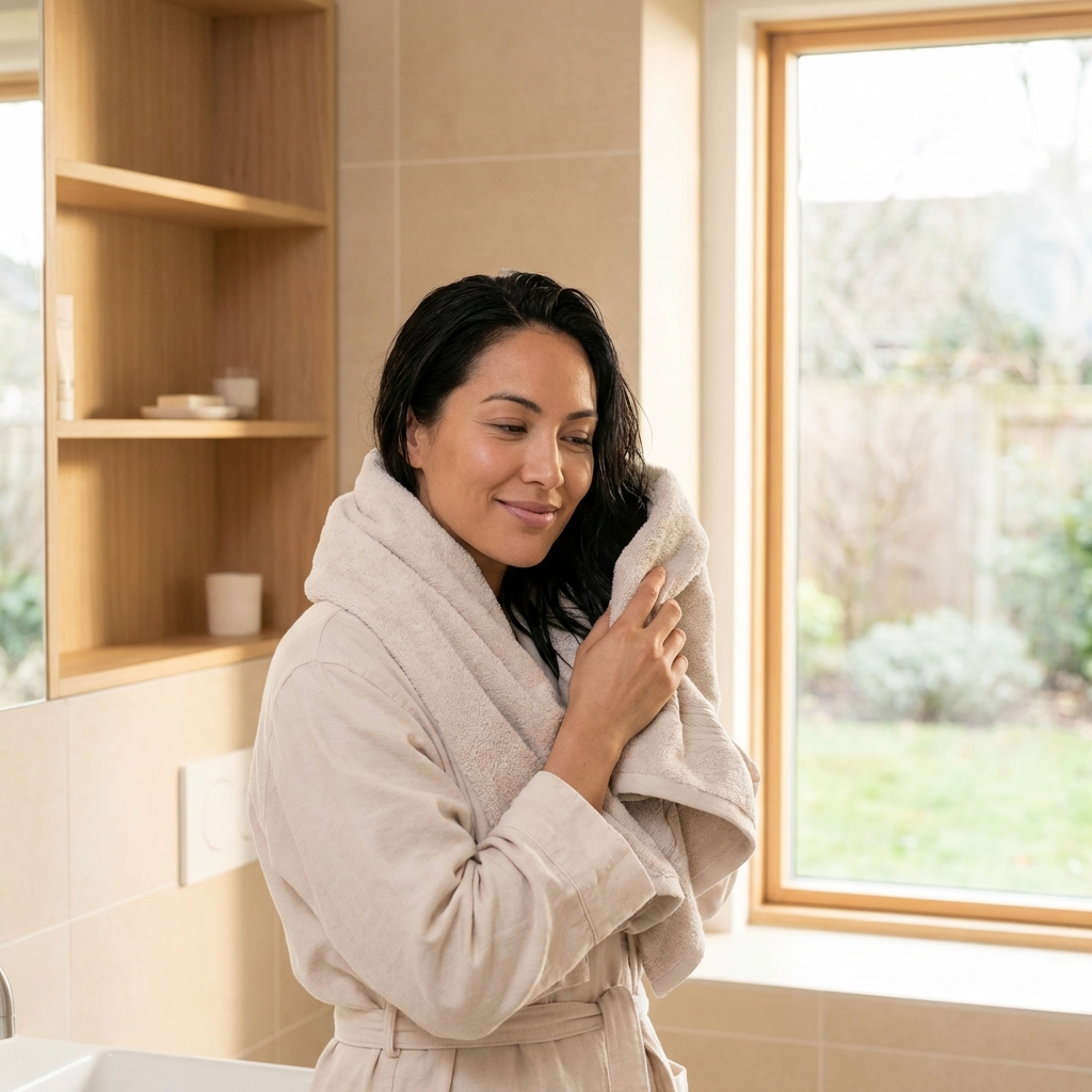 Woman gently drying her hair with a towel in a bright, calm bathroom, representing healthy hair care and normal post-shower routine.